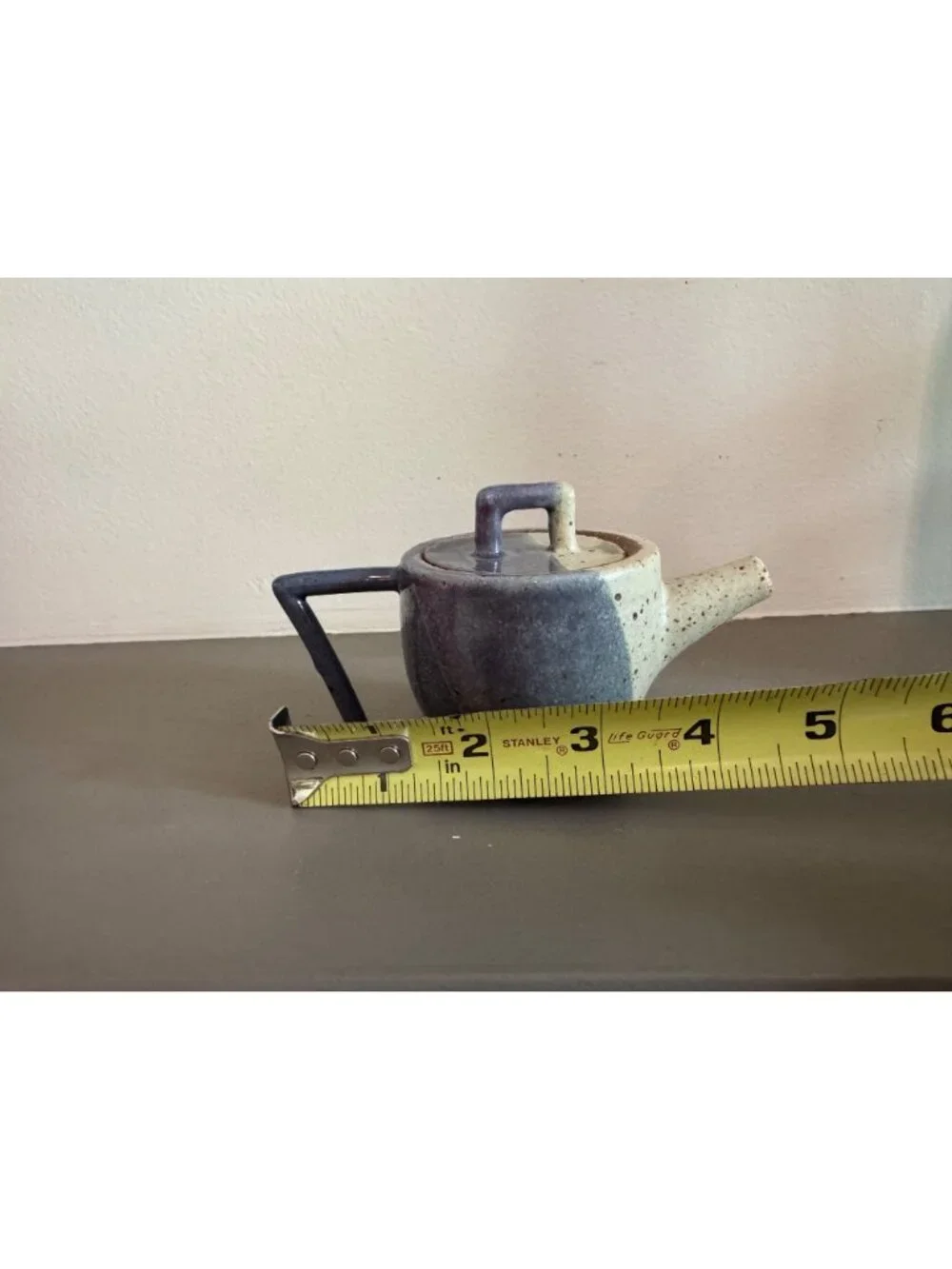 Handcrafted Ceramic Mini Teapot Earthy Blue Beige Unique Triangular Handle Potte